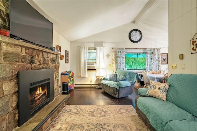 105 Beaver Ln, East Stroudsburg, PA 18301 - living room with wood finished floors, a fireplace, baseboard heating, and cooling unit