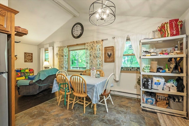 105 Beaver Ln, East Stroudsburg, PA 18301 - dining room with a baseboard radiator, a chandelier, and stone finish flooring