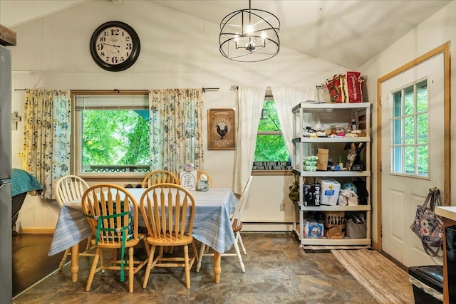105 Beaver Ln, East Stroudsburg, PA 18301 - dining space featuring lofted ceiling, a chandelier, and baseboard heating