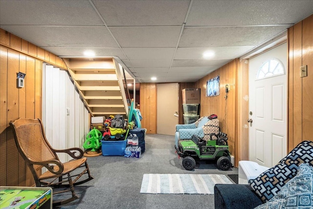 105 Beaver Ln, East Stroudsburg, PA 18301 - finished below grade area with carpet flooring, wood walls, and a drop ceiling