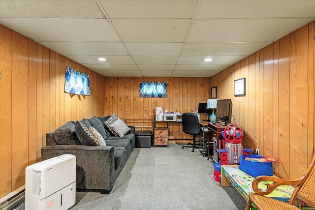105 Beaver Ln, East Stroudsburg, PA 18301 - home office with carpet flooring, wooden walls, recessed lighting, and a drop ceiling