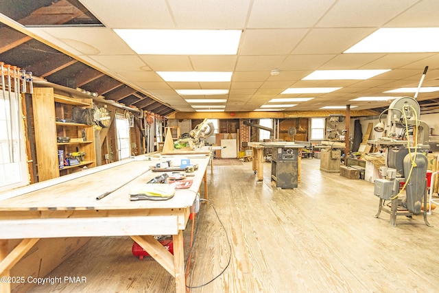 game room with hardwood / wood-style flooring and a paneled ceiling