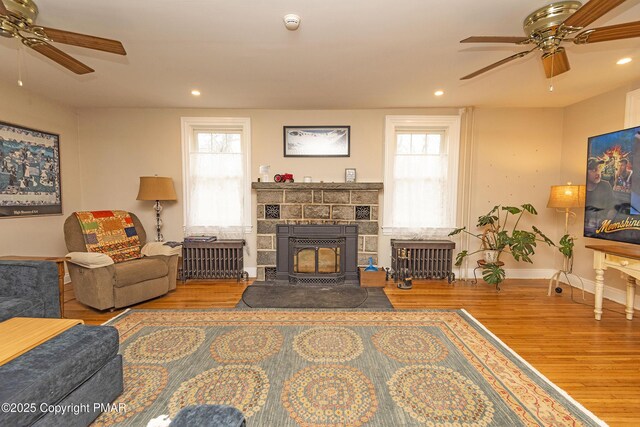 living room with wood-type flooring, a healthy amount of sunlight, and ceiling fan