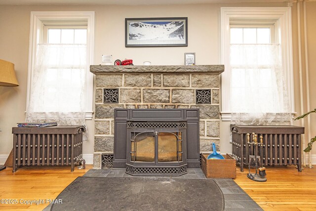 details with a wood stove, radiator, and wood finished floors