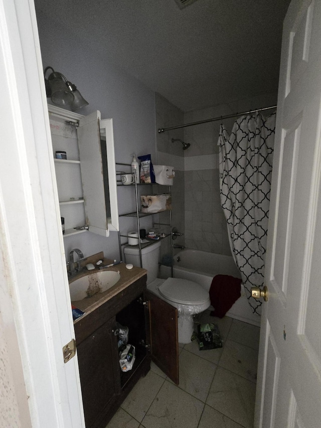 bathroom with toilet, lofted ceiling, tile patterned flooring, shower / bath combination with curtain, and vanity