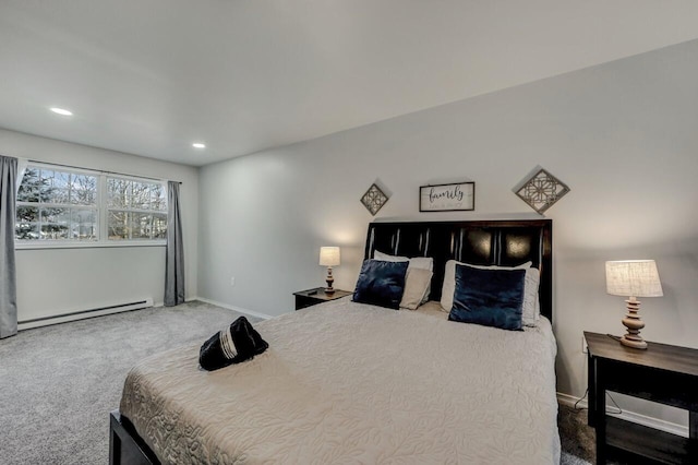 bedroom with recessed lighting, baseboards, a baseboard heating unit, and carpet