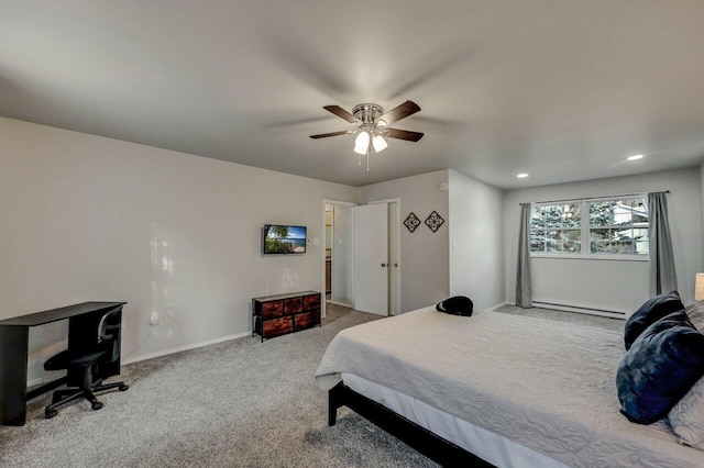 carpeted bedroom with recessed lighting, baseboards, baseboard heating, and a ceiling fan