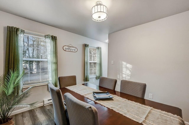 dining room featuring a baseboard radiator and wood finished floors