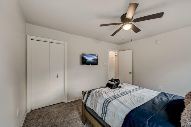 bedroom featuring a closet, carpet, and ceiling fan