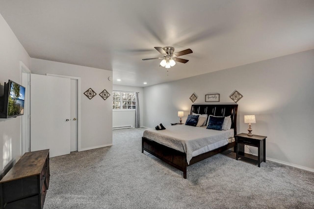 carpeted bedroom with ceiling fan, recessed lighting, baseboards, and a baseboard radiator