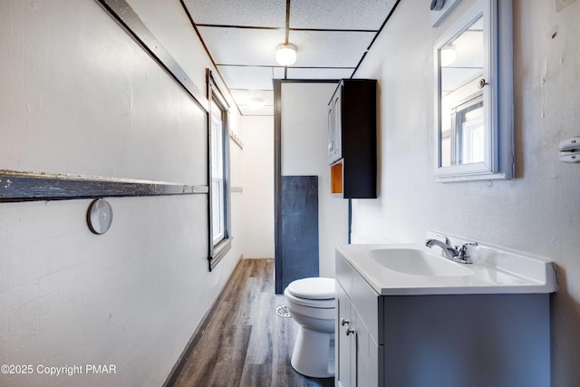 bathroom with toilet, a paneled ceiling, wood finished floors, and vanity