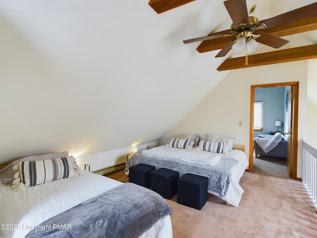 carpeted bedroom with ceiling fan, a baseboard radiator, and lofted ceiling with beams