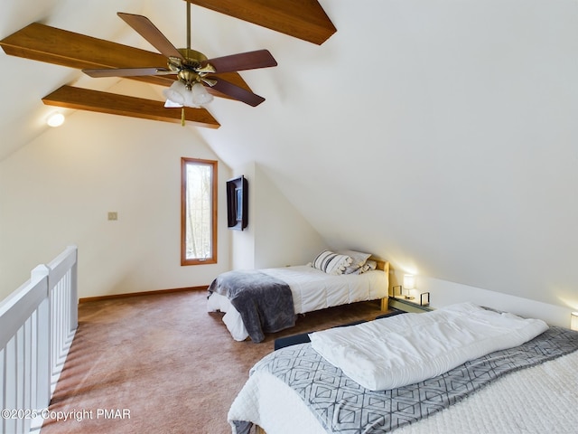 carpeted bedroom with lofted ceiling with beams and ceiling fan