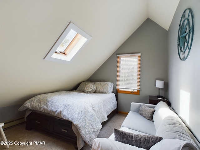 bedroom with carpet floors, vaulted ceiling, and baseboard heating