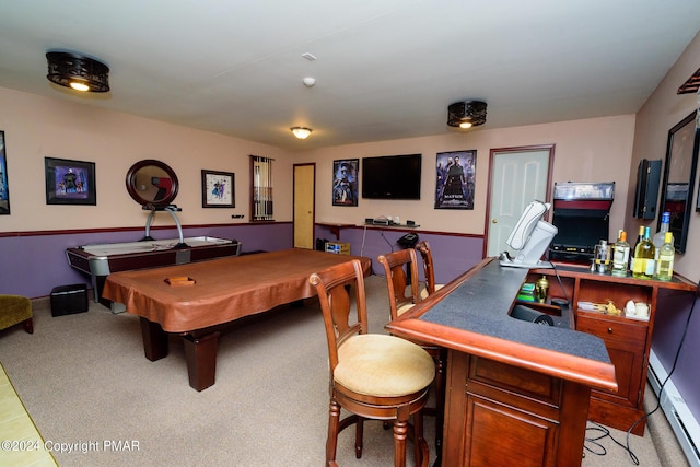 game room with light colored carpet and billiards