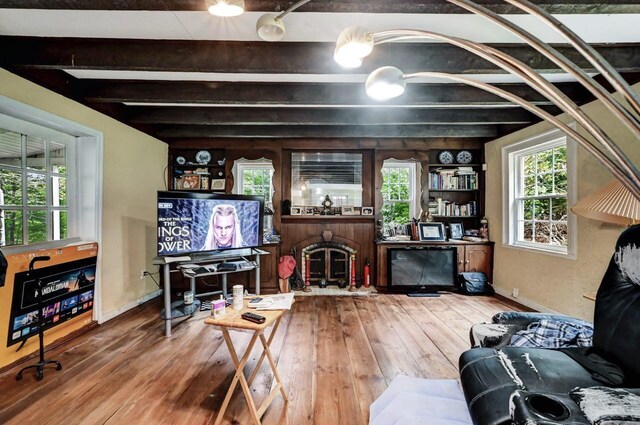 325 Mt Nebo Rd, East Stroudsburg, PA 18301 - living room featuring hardwood / wood-style floors, a fireplace, and beamed ceiling