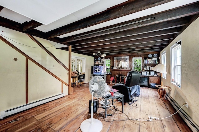 325 Mt Nebo Rd, East Stroudsburg, PA 18301 - living area featuring a baseboard radiator, wood-type flooring, and beamed ceiling