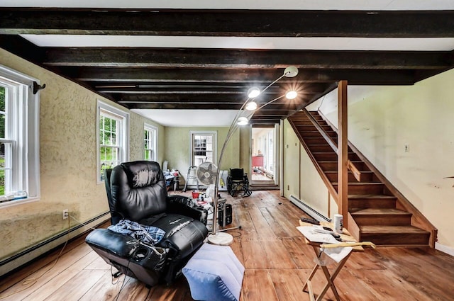 325 Mt Nebo Rd, East Stroudsburg, PA 18301 - living area featuring stairs, hardwood / wood-style flooring, plenty of natural light, and beamed ceiling
