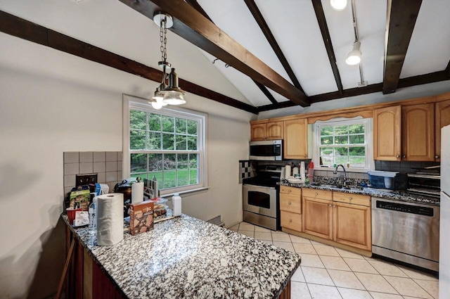 325 Mt Nebo Rd, East Stroudsburg, PA 18301 - kitchen with stainless steel appliances, tasteful backsplash, light tile patterned floors, and dark stone countertops