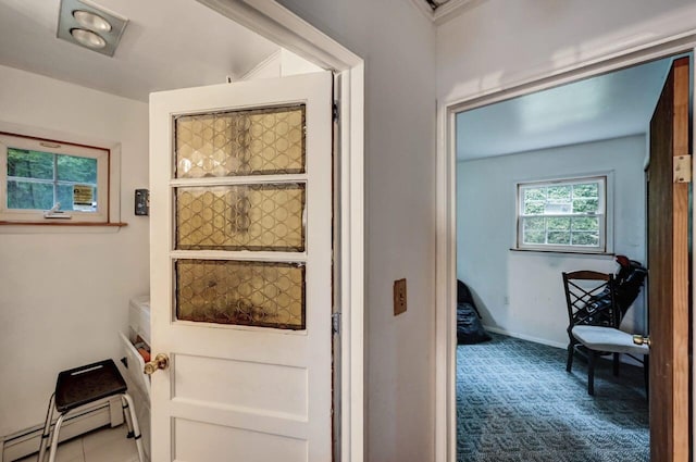 325 Mt Nebo Rd, East Stroudsburg, PA 18301 - doorway to outside featuring baseboard heating and carpet flooring