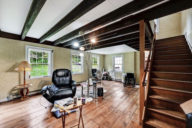 325 Mt Nebo Rd, East Stroudsburg, PA 18301 - living area with stairs, wood-type flooring, plenty of natural light, and beam ceiling