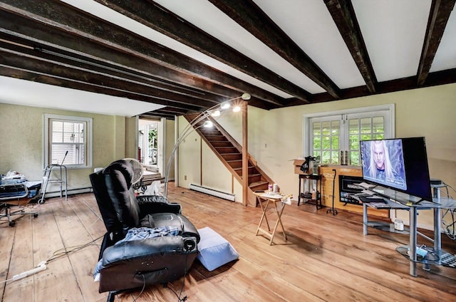 325 Mt Nebo Rd, East Stroudsburg, PA 18301 - living area featuring a baseboard heating unit, stairway, hardwood / wood-style flooring, and beamed ceiling