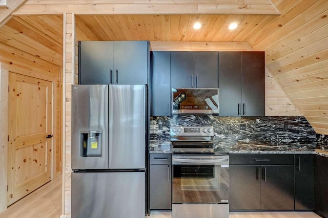 4142 Calendula Ct, Pocono Pines, PA 18350 - kitchen featuring stainless steel appliances, wood ceiling, backsplash, light wood finished floors, and dark stone counters