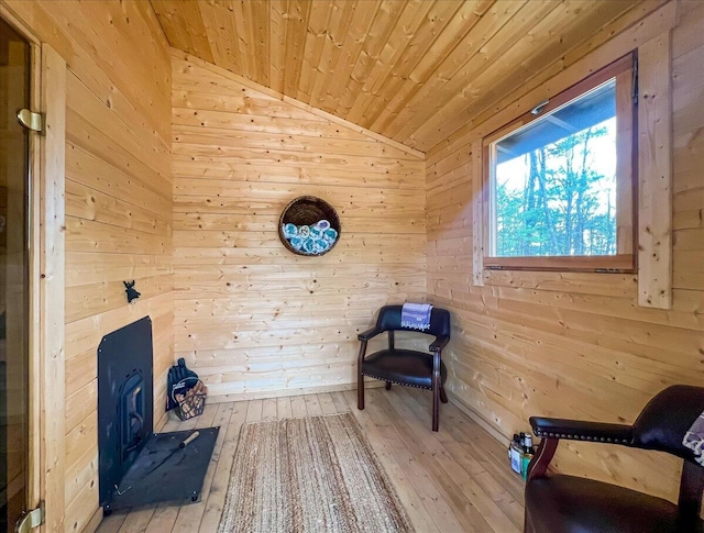 116 Red Bud Ln, Kunkletown, PA 18058 - unfurnished room with vaulted ceiling, hardwood / wood-style floors, wooden ceiling, and wooden walls