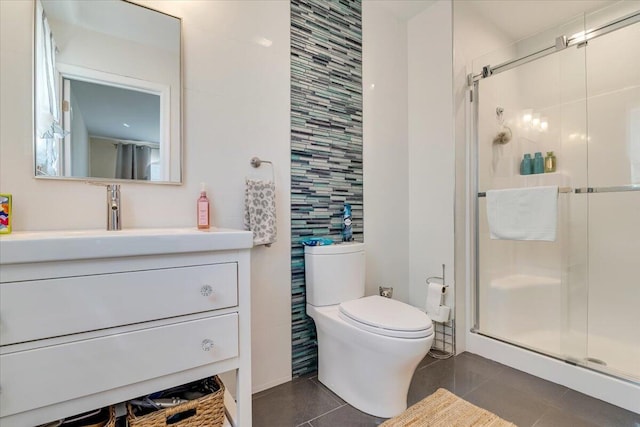 116 Red Bud Ln, Kunkletown, PA 18058 - bathroom with tile patterned flooring, a shower stall, vanity, and tile walls