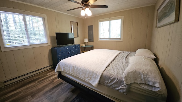 1196 Redwood Ter, Pocono Pines, PA 18350 - bedroom with baseboard heating, dark wood finished floors, ornamental molding, wood walls, and a ceiling fan