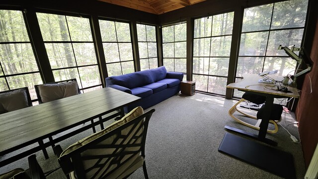 1196 Redwood Ter, Pocono Pines, PA 18350 - sunroom with carpet flooring, vaulted ceiling, wood ceiling, and outdoor dining space