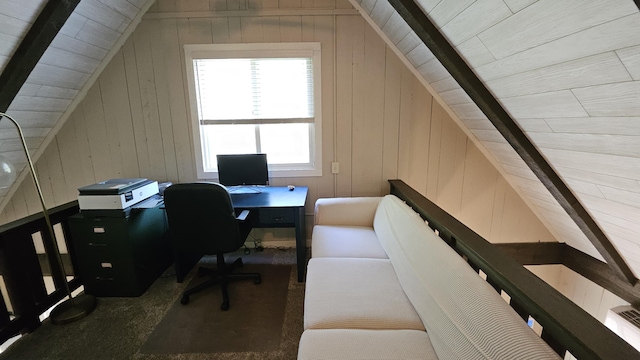 1196 Redwood Ter, Pocono Pines, PA 18350 - office area with wood ceiling, carpet, and wooden walls