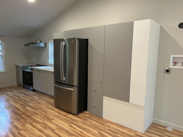 113 Netcong Cir, Pocono Lake, PA 18347 - kitchen with appliances with stainless steel finishes, light wood-style flooring, lofted ceiling, exhaust hood, and gray cabinetry