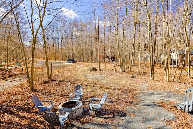 view of yard with a fire pit