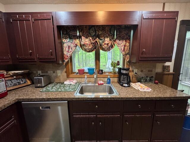 122 Sawmill Rd, Pocono Lake, PA 18347 - kitchen with dishwasher, decorative backsplash, and dark brown cabinetry