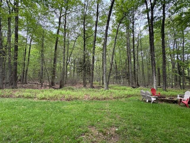 122 Sawmill Rd, Pocono Lake, PA 18347 - view of grassy yard with a fire pit and a view of trees