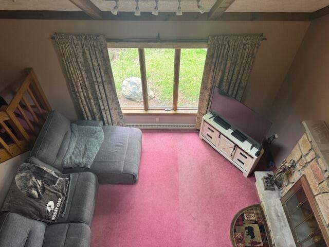 122 Sawmill Rd, Pocono Lake, PA 18347 - carpeted living area featuring a baseboard heating unit and a fireplace