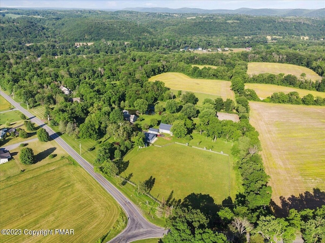 bird's eye view with a rural view and a view of trees