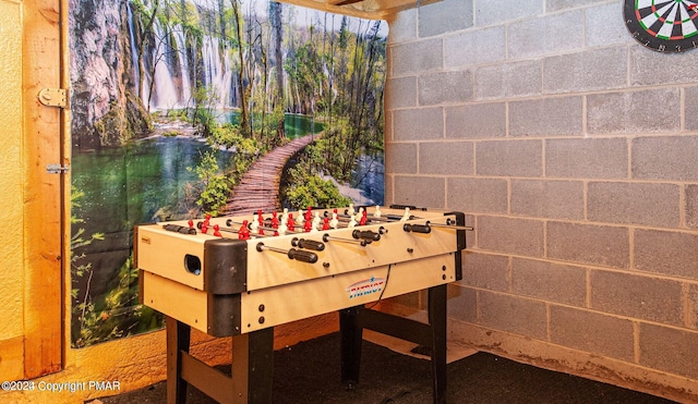 playroom featuring concrete block wall