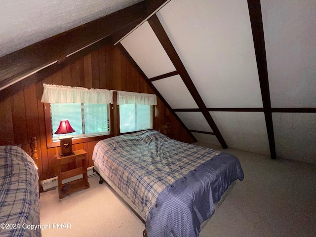 carpeted bedroom with lofted ceiling with beams and wood walls