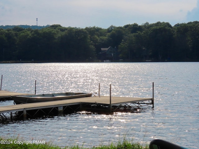 view of dock featuring a forest view and a water view