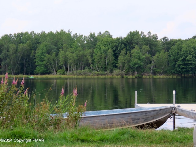 dock area with a water view and a wooded view