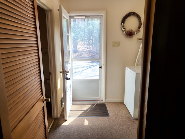 7425 W Dogwood Ln, Cresco, PA 18326 - entryway with baseboards, carpet, and washer / dryer
