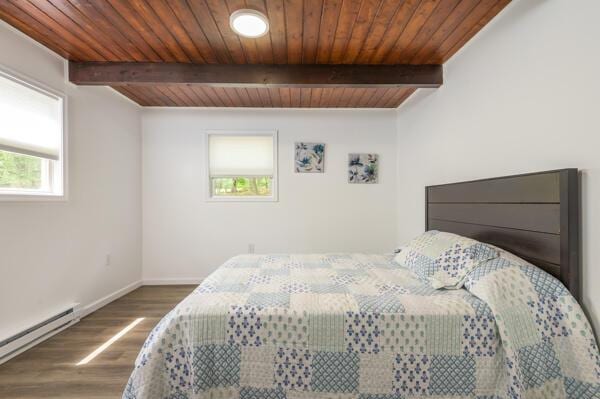 117 Clifton Dr, Bushkill, PA 18324 - bedroom featuring a baseboard heating unit, wood finished floors, baseboards, beam ceiling, and wood ceiling