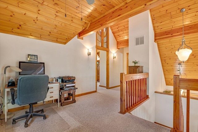 24 Glen Rd, Lake Ariel, PA 18436 - office area featuring vaulted ceiling, carpet, wooden ceiling, and baseboards