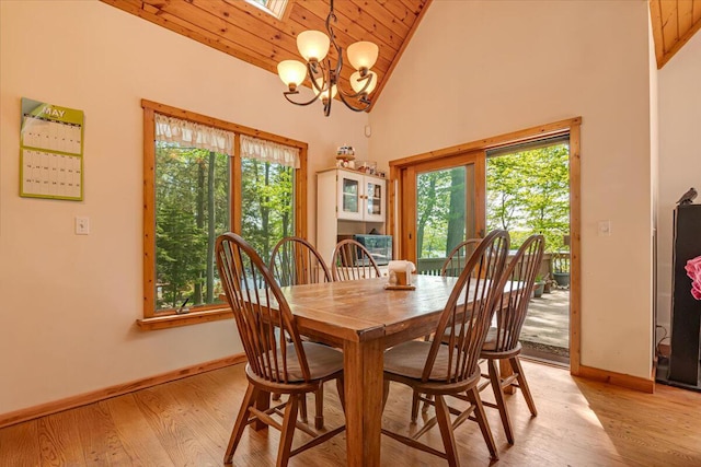 24 Glen Rd, Lake Ariel, PA 18436 - dining space featuring baseboards, a chandelier, wood ceiling, light wood-style floors, and high vaulted ceiling