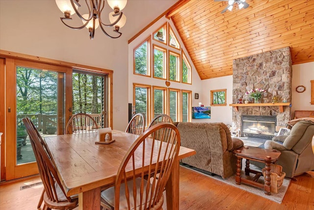 24 Glen Rd, Lake Ariel, PA 18436 - dining area with high vaulted ceiling, wood ceiling, a stone fireplace, a chandelier, and light wood-style flooring