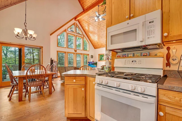 24 Glen Rd, Lake Ariel, PA 18436 - kitchen featuring white appliances, wood ceiling with exposed beams, high vaulted ceiling, a chandelier, and a peninsula