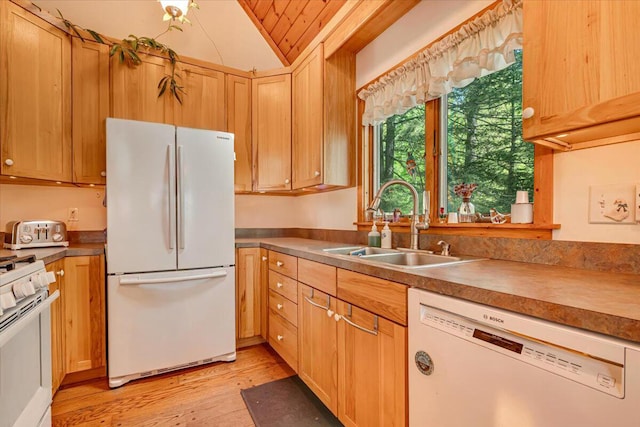 24 Glen Rd, Lake Ariel, PA 18436 - kitchen with white appliances, a sink, lofted ceiling, light wood-style floors, and wooden ceiling