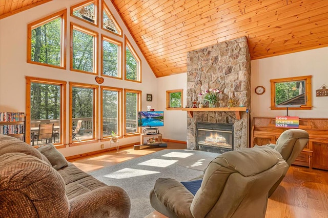 24 Glen Rd, Lake Ariel, PA 18436 - living room featuring wood ceiling, high vaulted ceiling, wood finished floors, and a fireplace